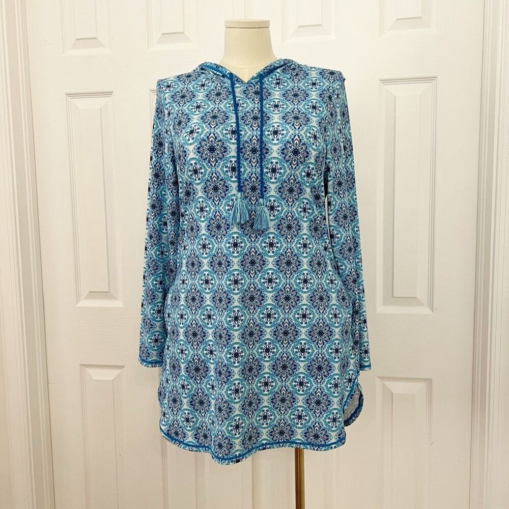 Aqua Et Sol Womens Blue Floral Allover Print Hooded Cover Up Swimwear Size Large